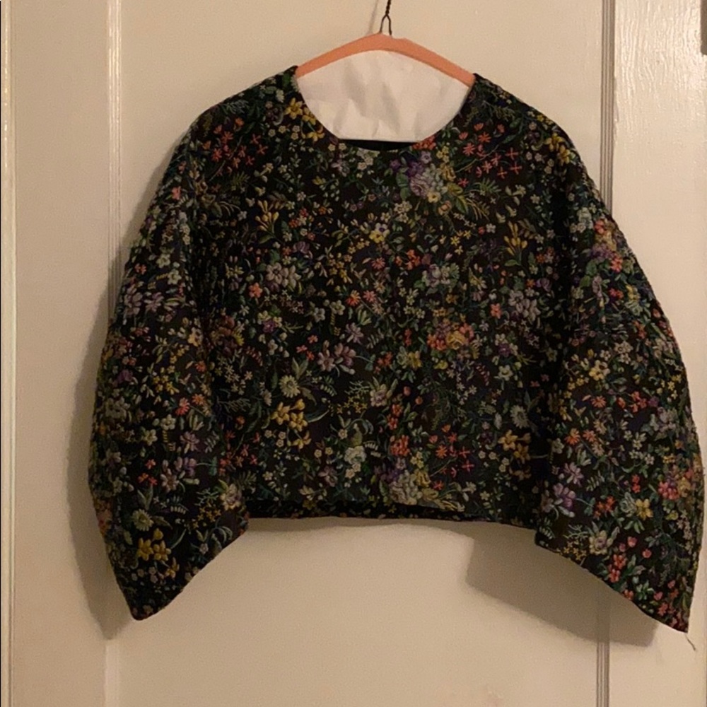 Tibi floral brocade cropped top.
